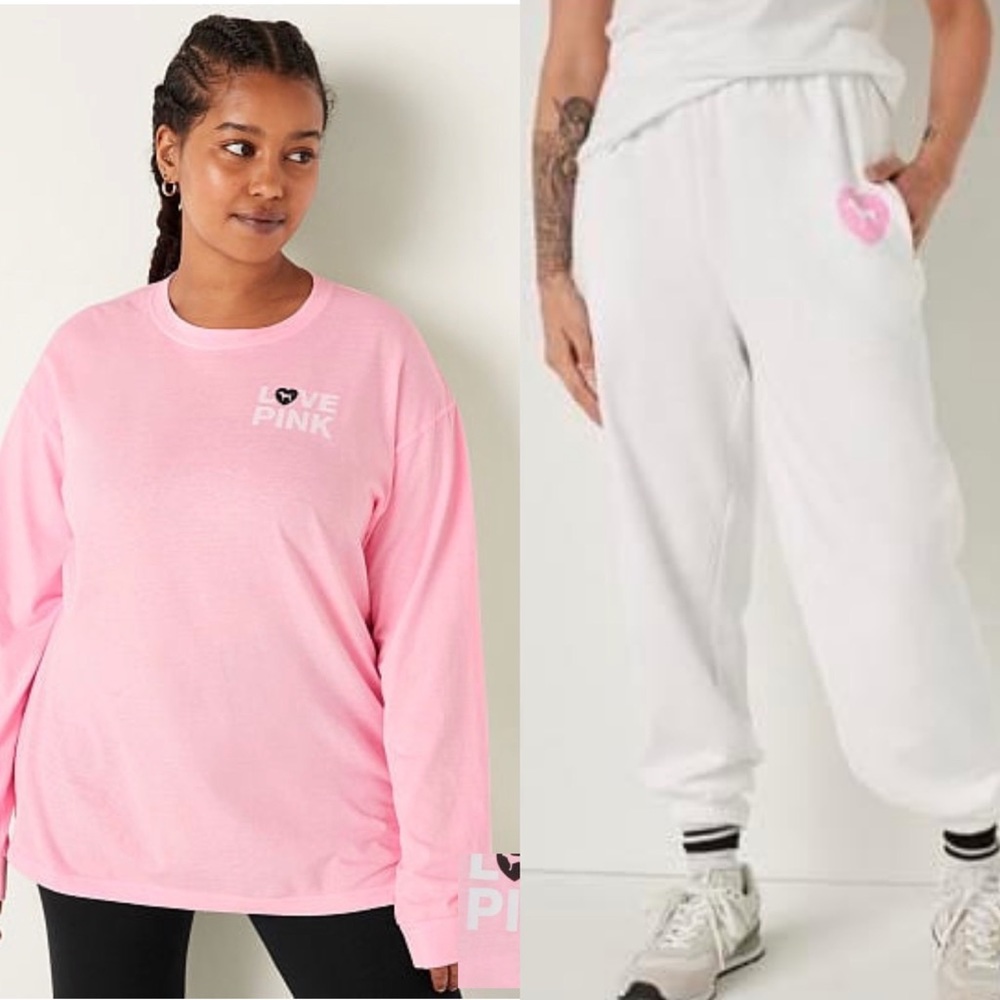 Victoria’s Secret Pink Originals M Pink L/S Tee & M White Campus Pants w/Pup SET